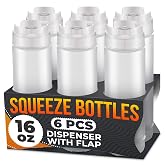 6-Pack Inverted Condiment Squeeze Bottles for Sauces 16 oz, Squirt Bottles | Reusable Sauce Bottles, Salad Dressing Bottles for Ketchup, Mustard, Mayo and BBQ; Wide Mouth, Self-Closing Valve, Gaskets
