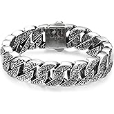 COOLSTEELANDBEYOND Stainless Steel Curb Chain Bracelet for Men, Sturdy and Large, Tribal Tattoo Pattern Fancy, Polished