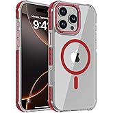 DEERLAMN Strong Magnetic Case for iPhone 16 Pro Max 6.9-Inch,[Compatible with Magsafe][Military Grade Drop Protection] Clear Slim Shockproof Protective Phone Cover-Transparent+Red