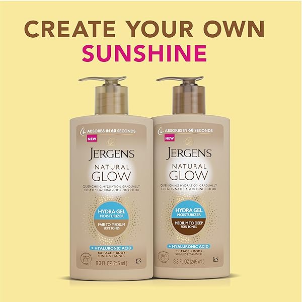 JERGENS NATURAL GLOW HYDRA GEL MOISTURIZER, HYALURONIC ACID TANNING LOTION, HYDRATING TANNING GEL, FRAGRANCE-FREE SELF TANNER, MEDIUM TO DEEP SKIN TONES 8.3 OZ