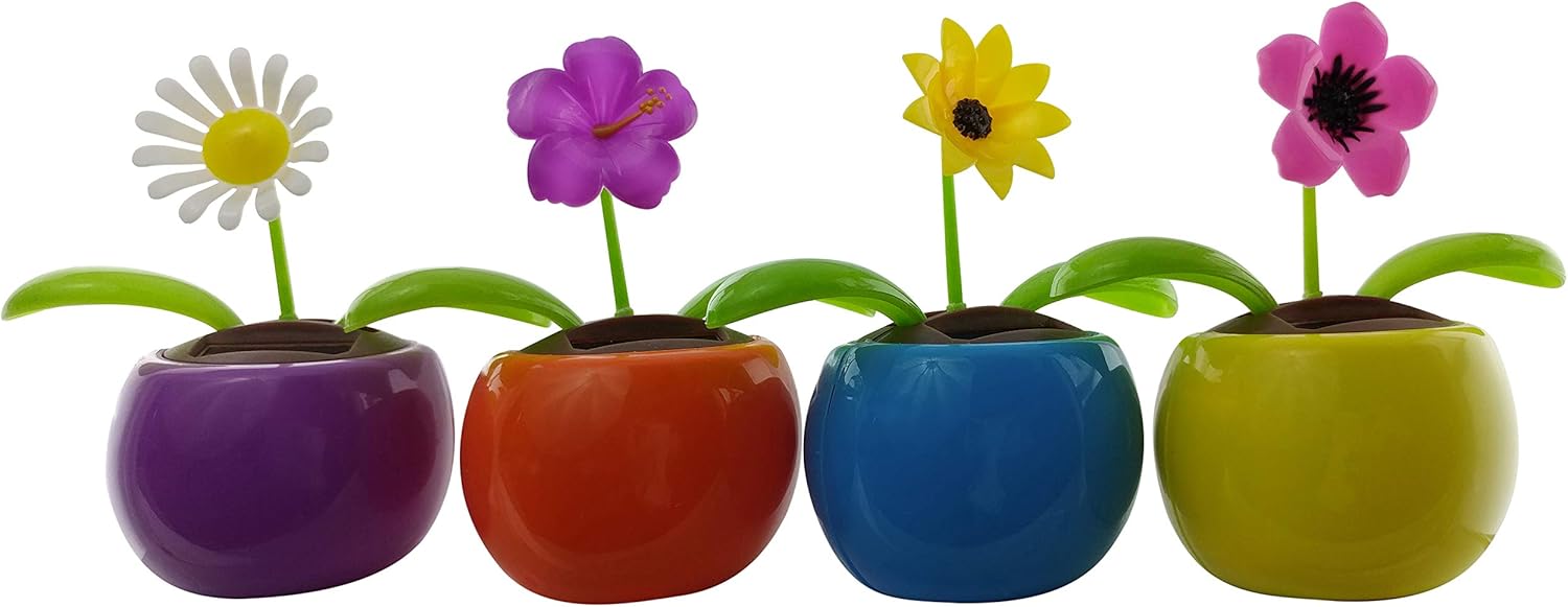 Eco Friendly Solar Powered Flower Dancing Toys | Car Dashboard Bobbleheads Funny, Office Decoration | (4 Pack) Daisy, Wildflower, Black-Eyed Susan and Petunia.
