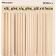 Moukiween Wooden Dowel Rods, 100PCS 1/8, 3/16, 1/4, 5/16, 3/8 x 6 Inch Assorted Sizes Round Wooden Sticks for Arts Crafts, Home Decor, Cake Support, Unfinished Natural Hardwood Sticks
