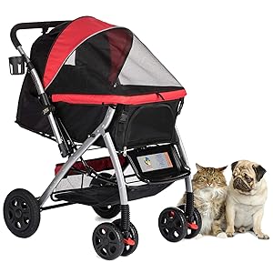 HPZ Pet Rover Premium Heavy Duty Cat Stroller Travel Carriage with Convertible Compartment/Zipperless Entry/Reversible Handlebar/Pump-Free Rubber Tires for Small, Medium, Large Pets
