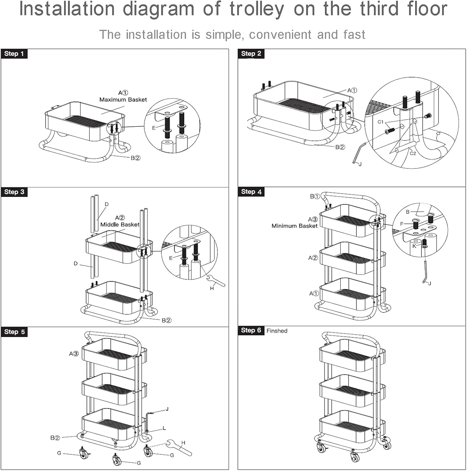 DOSURBAN 3 Tier Rolling Utility Cart with Wheels, Multifunctional Metal Storage Organizer Shelves with Mesh Baskets and Handle, Rolling Trolley Service Cart for Salon, Kitchen, Office, Bathroom: Kitchen & Dining