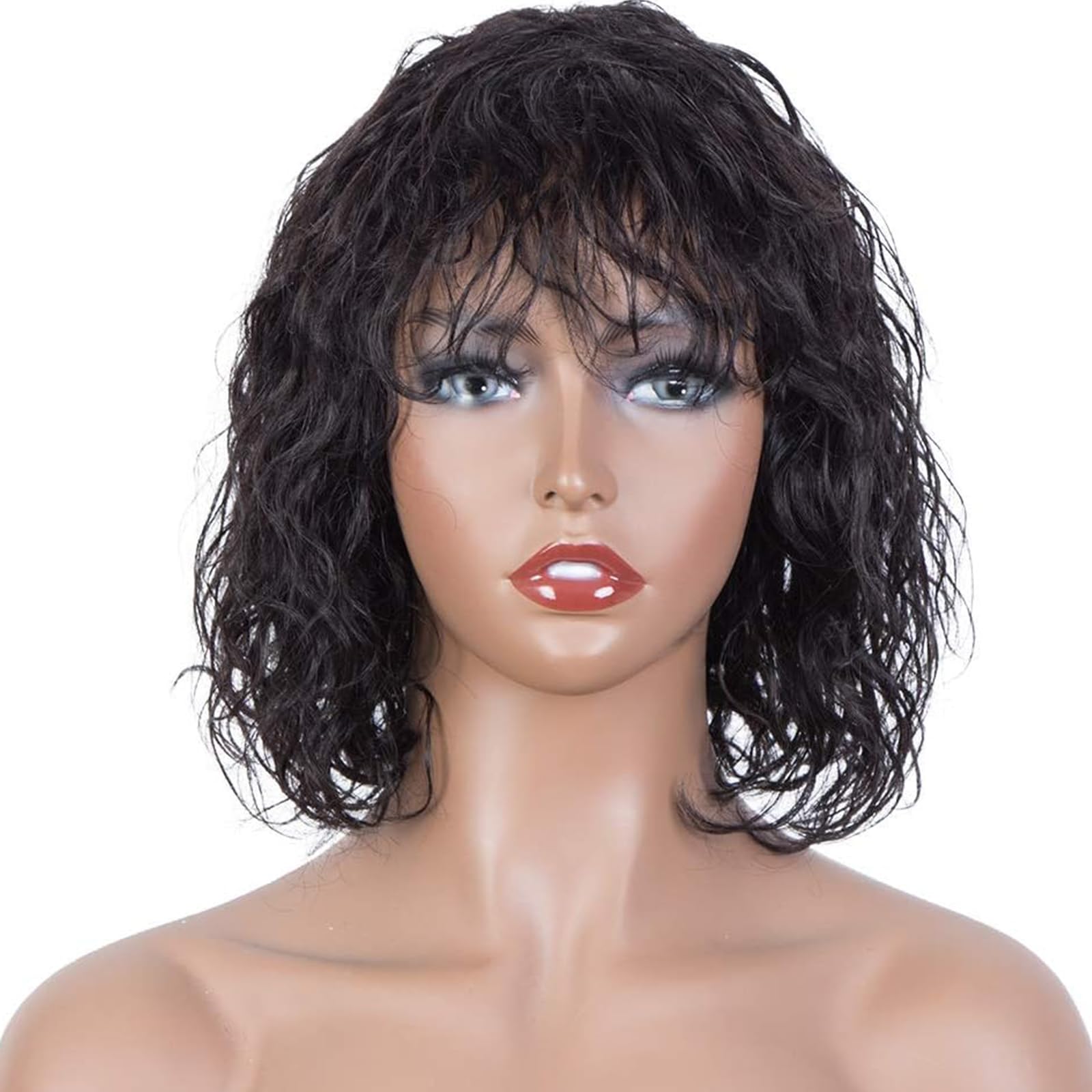 FASHION IDOL Bob Curly Human Hair Wig for Black Women 10 Inches Brazilian Virgin Human Hair Short Deep Water Wavy Wig with Bangs 150% Desity Natural Black