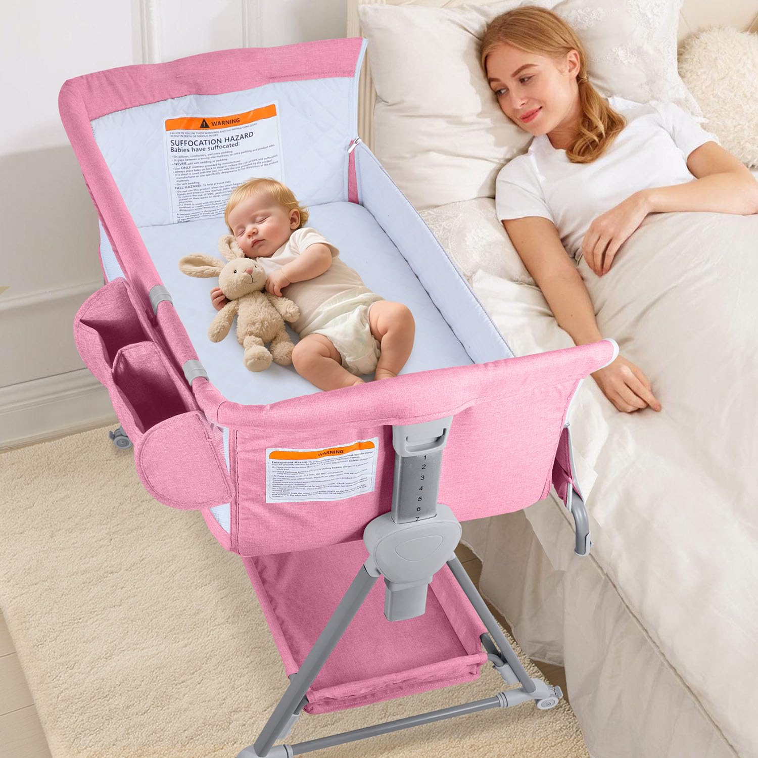 Photo 1 of ***STOCK PHOTO FOR REFERENCE ONLY ***BIERUM Baby Bassinet for Baby - 7 Height Adjustable Bedside Bassinet with Lockable Wheels, Easy to Assemble Portable Bedside Crib with Large Storage Bag & Mattress for Newborn/Infant