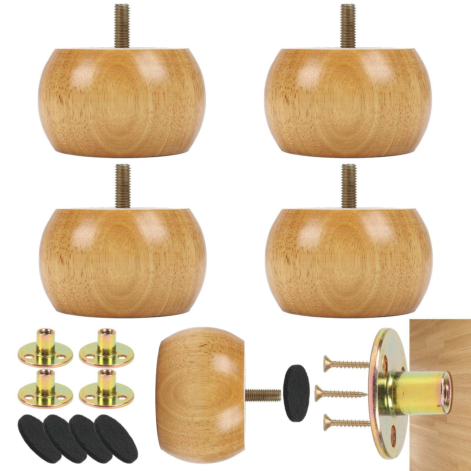 Minnhua 4 Pcs Furniture Legs Wooden Furniture Feet 5cm Solid Wood Furniture Feet Sofa Legs Round Bun Feet with 4 Screws Wooden Bun Feet for Furniture Chair Feet Sofa Couch Ottoman Coffee Table Cabinet