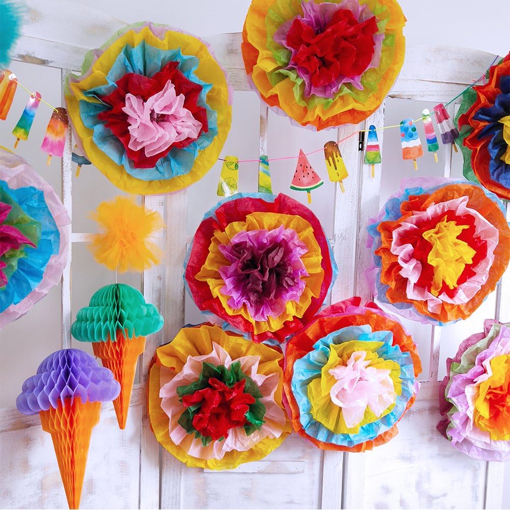 Supla 9 Pcs Fiesta Paper Flowers Pom Poms Flowers Tissue Pom Poms Fiesta Flower Tissue Centerpieces 15.4" Wide for Mexican Rainbow Theme Party Fiesta Cinco De Mayo Party Frida Kahlo Party Decoration: Home & Kitchen