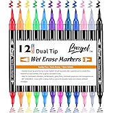 Wet Erase Markers Dual Tip, Lazgol 12 Assorted Colors, Dual Tip Brush & Fine Overhead Transparency Smudge Free Markers for Dry Erase Whiteboard, Refrigerator Calendars, Glass, Films and Any Kind of
