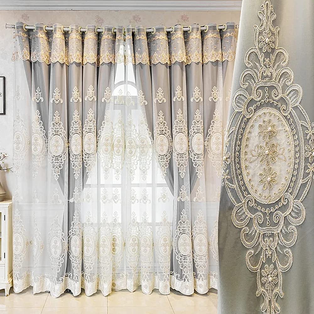 Photo 1 of Amidoudou 1 Pair European Double Layer Curtains with Valances for Living Room Bedroom Luxury 3D Flower Embroidered Curtains (Grey,52x90 Inch)