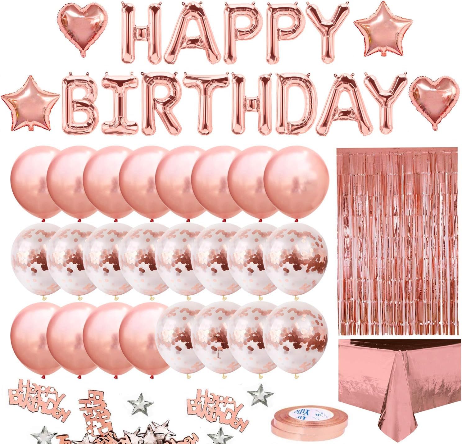 iZoeL Rose Gold Birthday Party Decoration for Girls Women Happy Birthday Banner, Rose Gold Fringe Curtain Foil Tablecloth, Heart Star Confetti Balloons and 10g Table Confetti