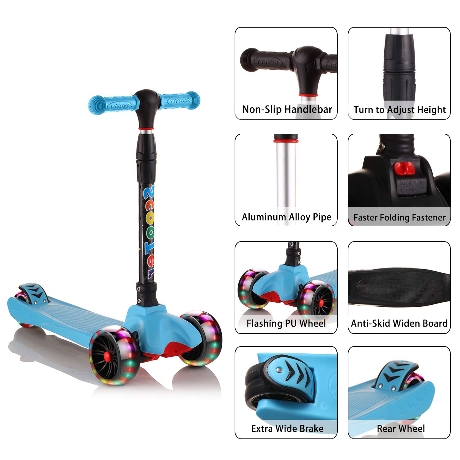 67i Kids Scooter Foldable Scooter for Kids 3 Wheel Toddler Scooter 4 Adjustable Height with PU Flashing Wheel Lean to Steer Kids Boys Girls Birthday Gift for Children from 2 to 12 Years Old