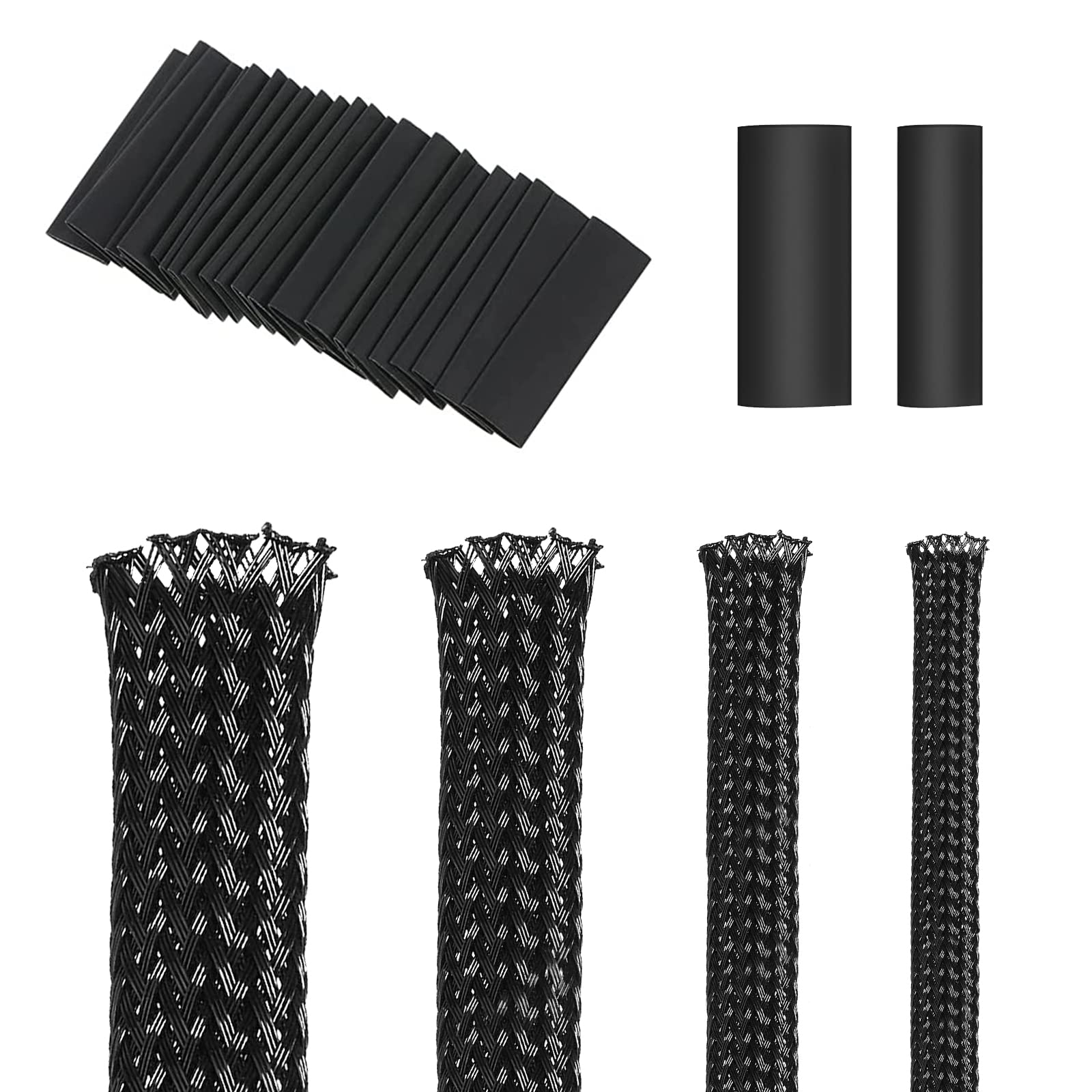 4roll 5m/roll Black PET Expandable Braided Cable Wire Sleeving Cable Wrap Snake Cord Protector, with 20pcs Heat Shrink Tube(8/10mm), for Audio Video Home Device Cable Automotive Wire(6/8/12/16mm)