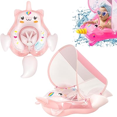 COSORO Newborn Baby Swimming Float Pink Unicorn with Sun Canopy 0.25mm PVC 3-12
