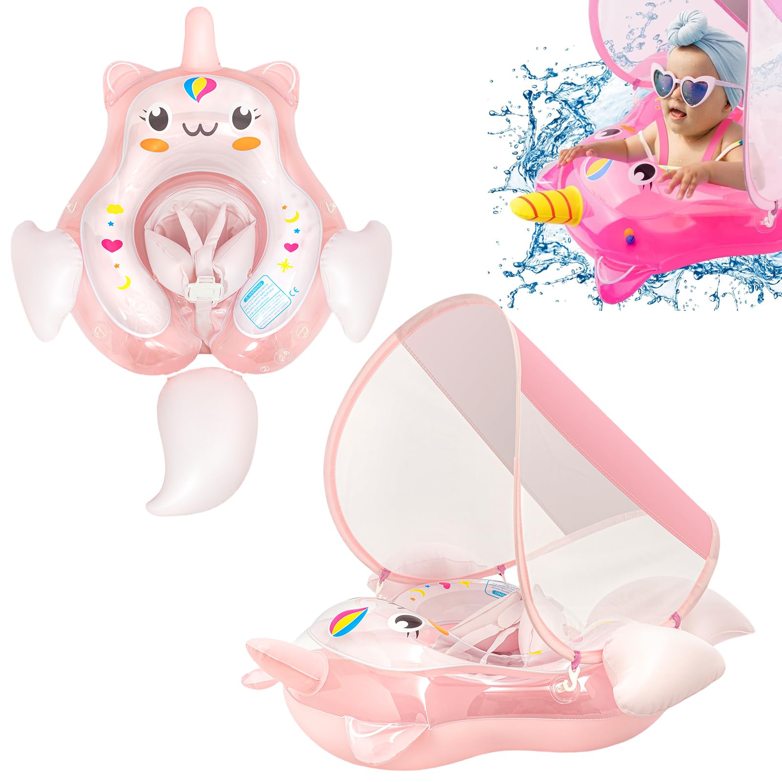 Newborn Baby Swimming Float 3-12 Months,Pink Unicorn Inflatable Baby Pool Float Ring with Sun Canopy Seat Anti-Flip Tail,Baby Swimming Ring Floating Swim Circle for Baby Toddlers Infant Swim Ring
