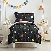 UOZZI BEDDING 4 Pieces Toddler Bedding Set Black Space Style with Stars Planets Black Cute Includes Toddler Size Comforter, Flat Sheet, Fitted Sheet and Pillowcase