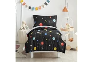 UOZZI BEDDING 4 Pieces Toddler Bedding Set Black Space Style with Stars Planets Black Cute Includes Toddler Size Comforter, Flat Sheet, Fitted Sheet and Pillowcase