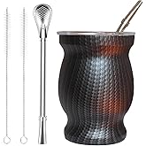Beruth Bombilla Yerba Mate Gourd, 8oz Stainless Steel Tea Cup Set with a Multifunctional Lid, Two Straws and Cleaning Brushes, Double Walled Coffee Mug Heat Insulation Anti Scalding (Water Ripples)