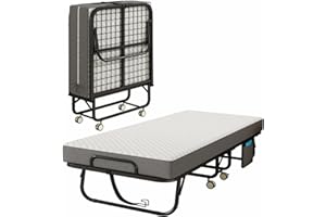 VKXK Folding Bed with Mattress for Adults, 75" x 31"Portable Cot-Size Rollaway Bed, Metal Frame Foldable Guest Bed with Memory Foam Mattress,Deluxe Single Beds with Side Storage Pocke