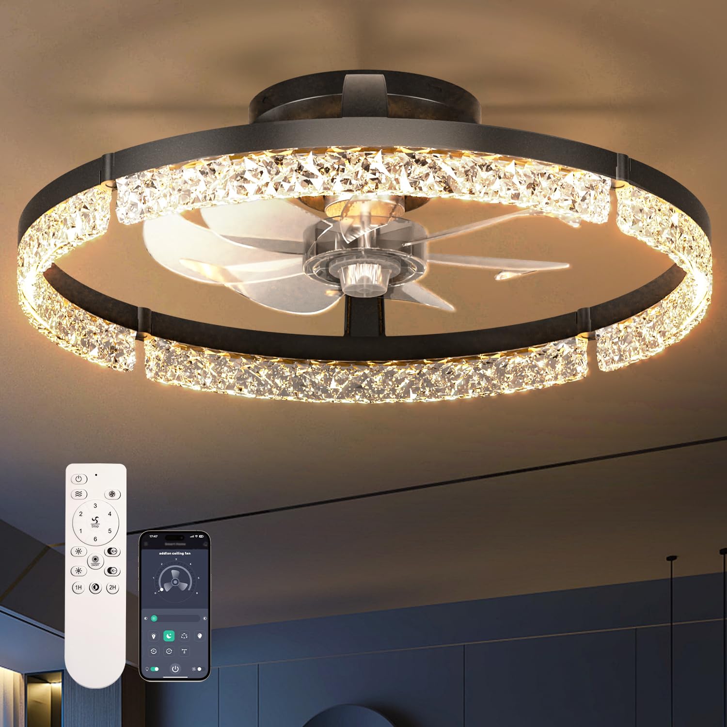 addlon Ceiling Fans with Lights and Remote, 20'' Low Profile Ceiling Fans, 3000-6000K Dimmable Modern Flush Mount LED Fan Light, Fandelier Ceiling Fan for Bedroom, Kitchen, Living Room, Black