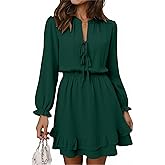 Angashion Womens Tie Front Mini Dress: V Neck Long Sleeve Layer Ruffle Hem Dress with Pockets
