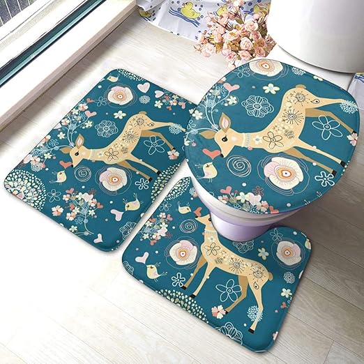 Amazon Com Jianyue Fabulous Flower Deer 3 Piece Bathroom Mats Set Bath Mat Bathroom Carpet Rugs Contour Mat Pedestal Rug Lid Toilet Cover Bath Mat Carpet For Washroom Non Slip Home Kitchen