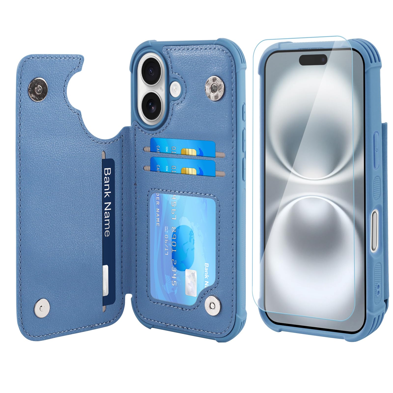 VANAVAGY Compatible for iPhone 16 Plus Wallet Case with Credit Card Holder,Rfid Leather Flip Folio Phone Cover Fits Magnetic Car Mount and Stand with Screen Camera Protector,blue
