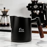 Guowall Milk Frothing Pitcher 304 Stainless Steel Espresso Steaming Pitcher for Cappuccino Latte Art 14 oz (420 ml) Milk Jug Coffee Frother Cup with Wooden Handle - Black