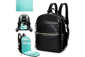 MOMINSIDE Diaper Bag Backpack with 6 Insulated Pockets, Leather Baby Bag for Mom Dad, Baby Registry, 18 Pockets, Changing Pad, Stroller Straps, Wet Dry Bag (Black)
