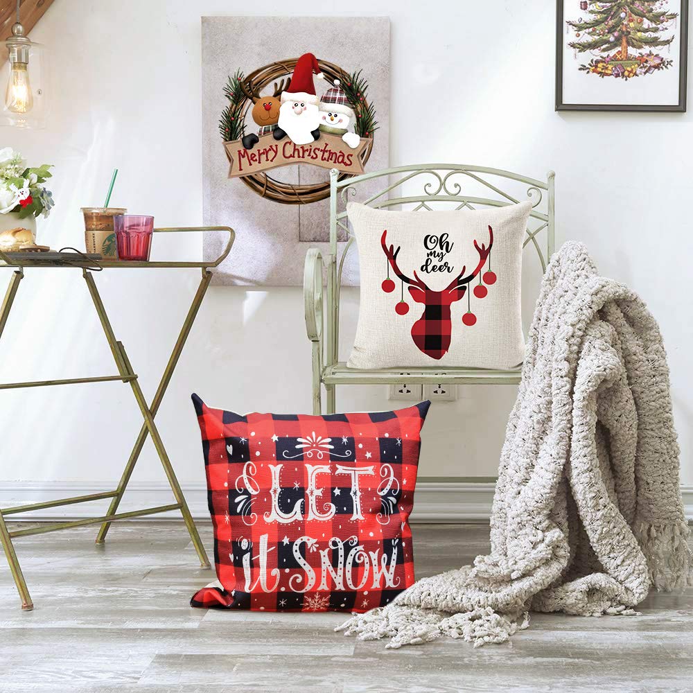 YEVIOR Klassisch Buffalo Plaid Kissenbezuge Weihnachten Dekorative Dekokissen Kissenhülle 4er Set, Christmas Motiv Schneeflocke Rentier Muster 45x45cm,Zierkissenbezüge für Sofa Zuhause Dekor,Leinen