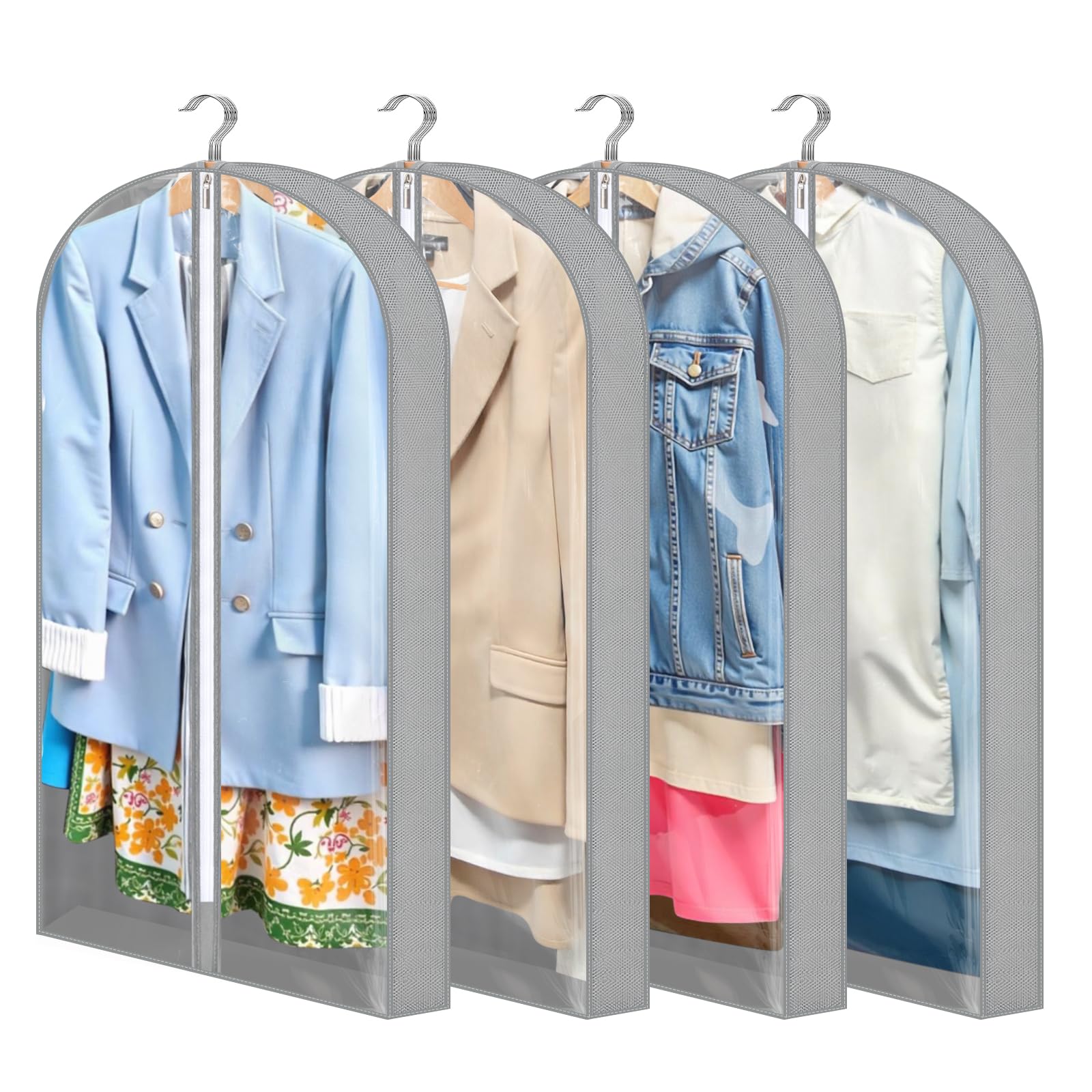 4 Pack Garment Bags, 40" Clothes Covers with 4'' Gusseted, Transparent Clothes Covers Protector Bags with Zip Suit Covers Garment Bags for Hanging Clothes