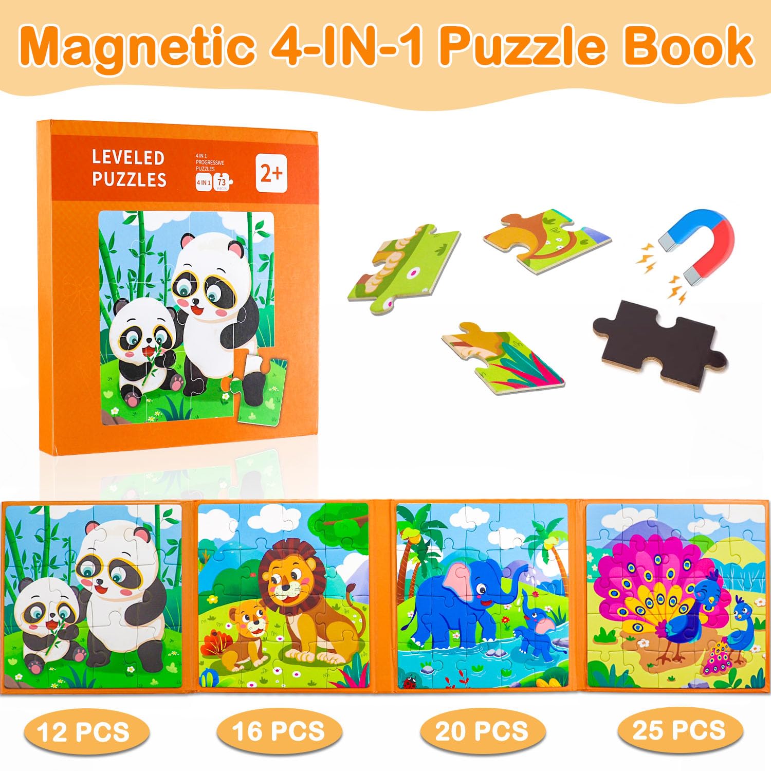 Magnetic Puzzles for Toddlers 2-4, 4 in 1-12/16/20/25 Pieces Portable Puzzle Toys for Toddlers 3-5, Magnetic Animals Puzzles Gifts for Boys Girls, Travel Toys and Games for Kids in Car Airplane