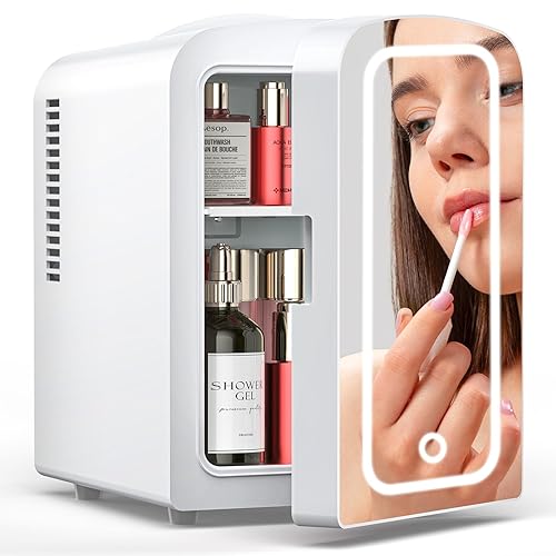 Electactic Skincare Fridge With Built-in LED Light Mirror, 4L Compact Mini Refrigerator AC/DC Portable 6 Can Small Cosmetics Cooler for Makeup, Beverage, Food, Bedroom, Office & Dorm, White