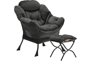 Youtanic Lazy Chair with Folding Ottoman, Accent Chair Velvet Upholstered with Metal Structure and Non-Slip Pads, Sofa Armchair with Footrest and Side Storage Bag for Dorm, Office, Charcoal