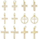 Pandahall 12Pcs Brass 18K Gold Plated Cross Charms Cubic Zirconia Crucifix Pendant Small Religious Dangle Charms with Jump Rings for DIY Permant Jewelry Making Bracelet Necklace