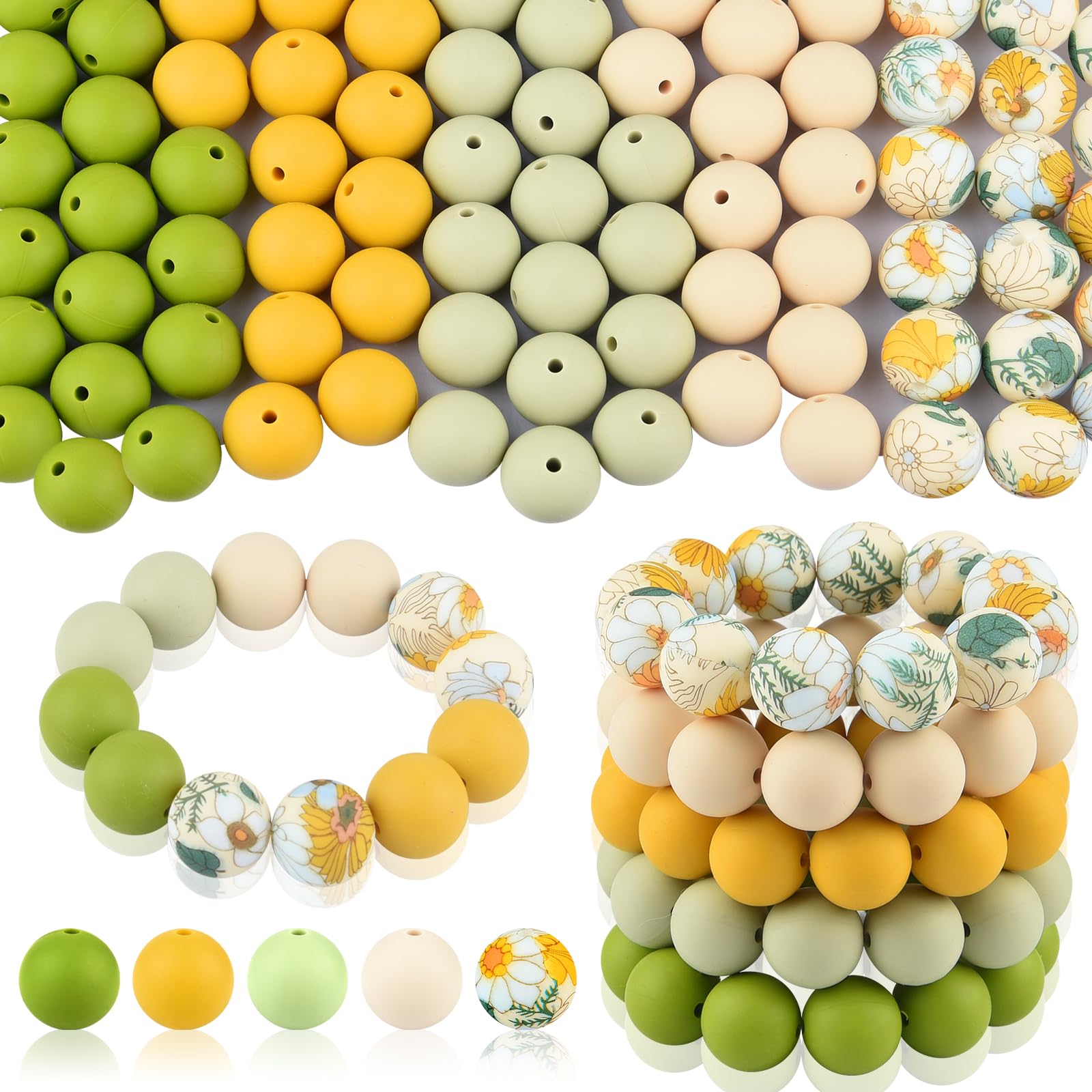 ASTARON 100 Pcs 15mm Silicone Beads for Keychain Making, Yellow Green Round Beads for Bracelets Beadable Pens Decorations Crafts Making Party Favours Supplies