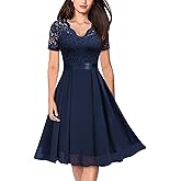 MISSMAY Women's Vintage V-Neck Floral Lace Contrast Chiffon Prom Party Dress