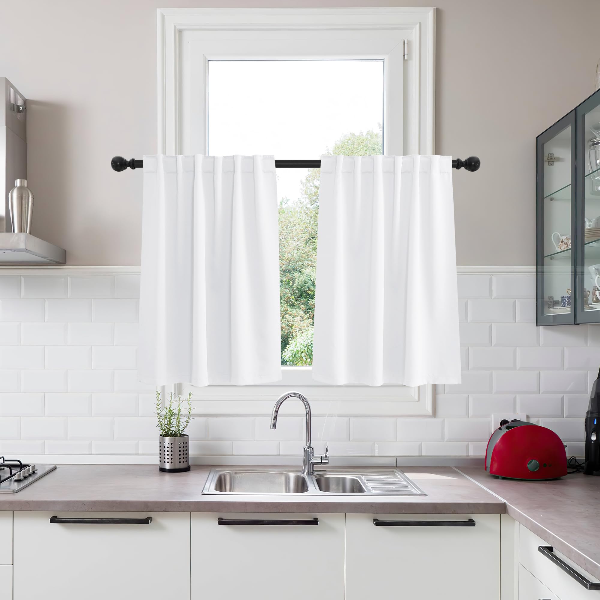KGORGE Short Curtains 36 inch for Small Window, Back Tab Privacy Thermal Insulation Curtains Light Filtering Drapes for Bathroom Basement Offic, W34 x L36 inches, White, 2 Panels