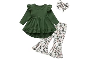 Toddler Baby Girl Clothes Fall Outfits Long Sleeve Top Solid Color Shirt + Flared Pants + Headband 3pcs Outfit Set