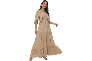 SUNNOW Women's Summer V-Neck, Tiered Silhouette with Flutter Sleeves Maxi Dress for Casual