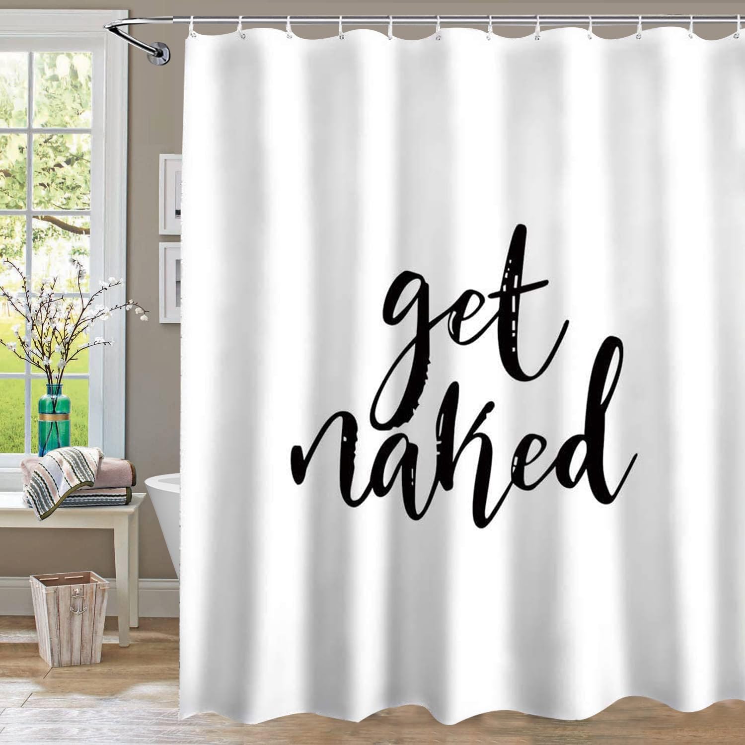 Inshere Get Naked Shower Curtain for Bathroom with 12 Hooks, White Funny Get Naked Print Shower Curtains Set for Bathroom Decor 72x72 Inch Waterproof Fabric