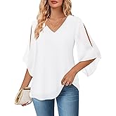 Bebonnie Womens Ruffle 3/4 Sleeve V Neck Double Layers Chiffon Blouses Dressy Tops