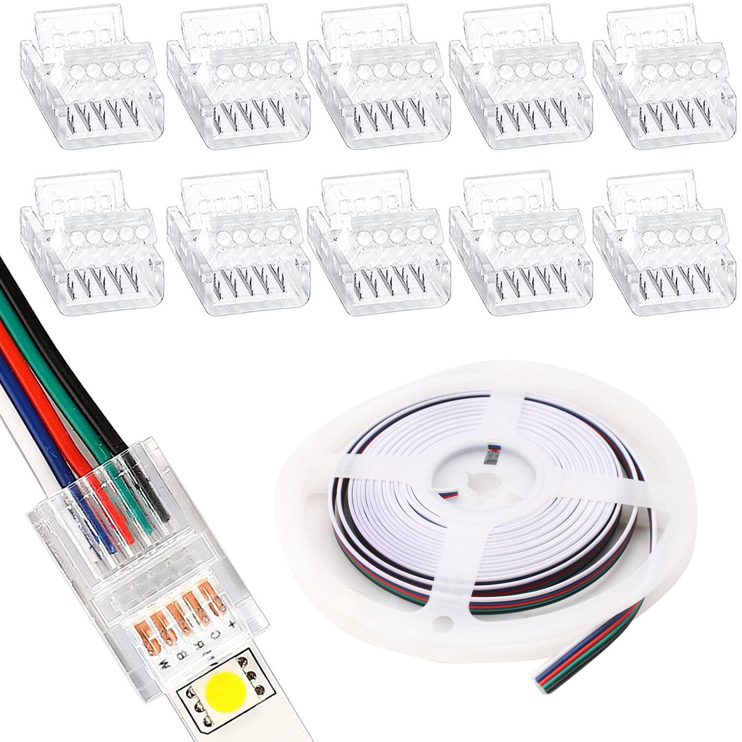 RUNCCI-YUN 10 Pcs LED Light Connector 5Pin 10mm LED Strip Connector Solderless with 16.4ft DC 12V led Wire for Waterproof or Non-Waterproof 10mm Wide RGBW LED Strip Lights