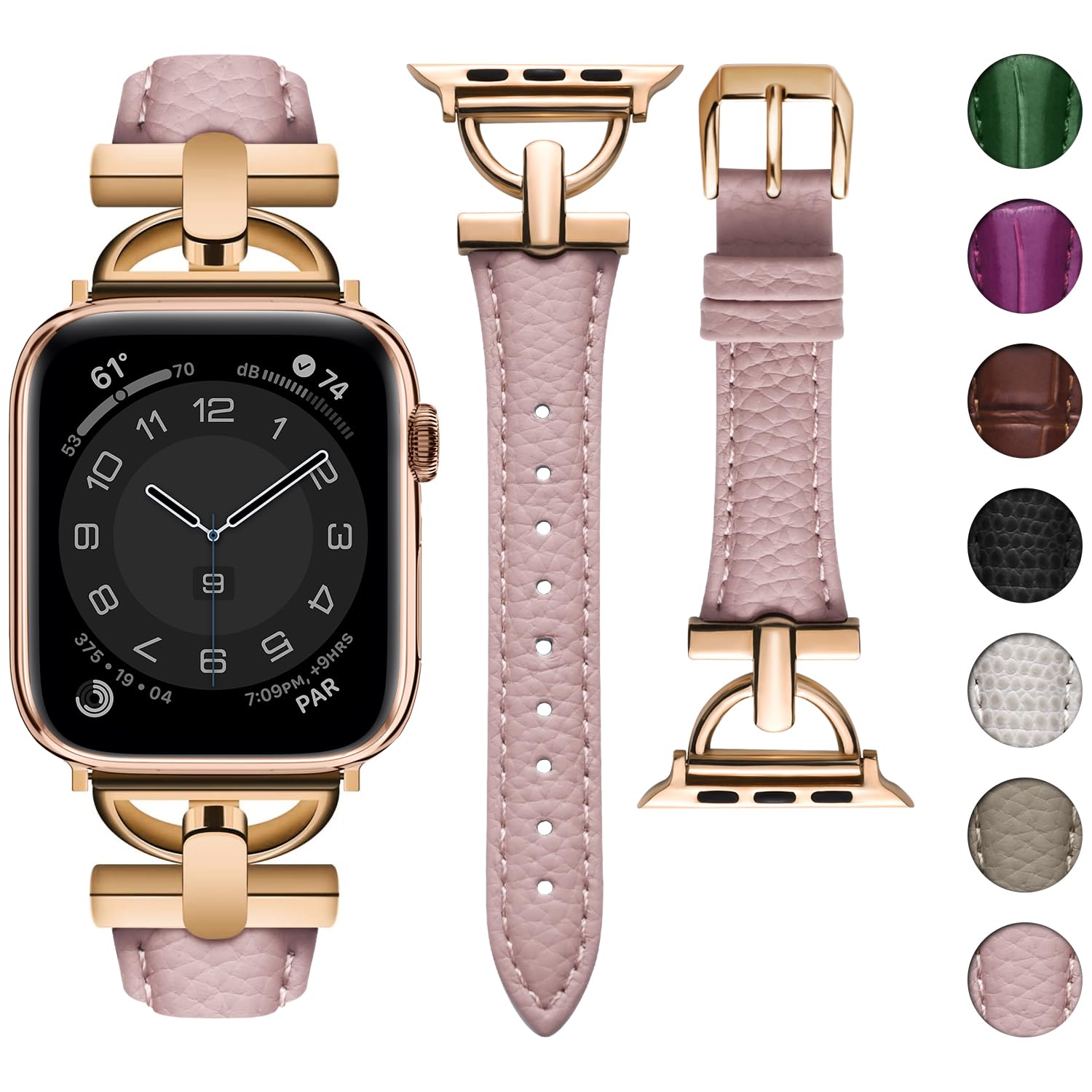wutwuk Compatible Leather Apple Watch Straps 44/45/46/49/42mm(S3 2 1) Women D-Shape Metal Buckle Leather Strap for iWatch Ultra3/2/1 SE3/2/1 Series 11/10/9/8/7/6/5/4/3/2/1-Pink+Rose Gold