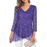 SeSe Code Womens Dressy 3/4 Sleeve Tunic Tops Asymmetric Hem Blouses Lightweight Mesh Shirt