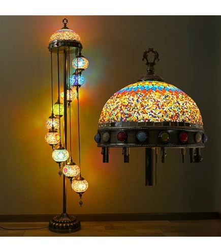 Turkish Mosaic Floor Lamp – 9 Globe Handmade Moroccan Standing Lamp, 70 Inches Tall