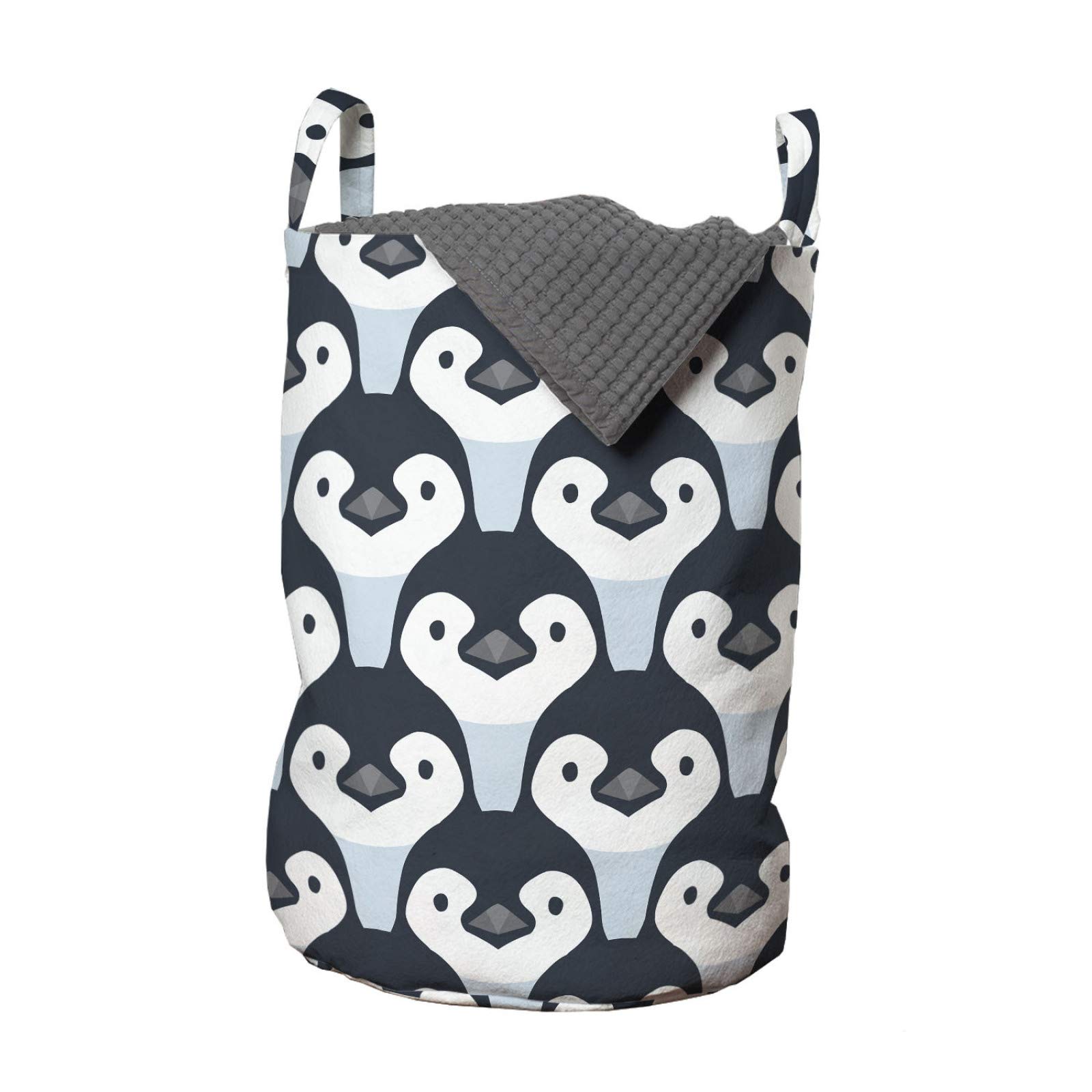 ABAKUHAUS Penguin Laundry Bag, Animal Print Themed Continuous Pattern with Baby Birds, Hamper Basket with Handles Drawstring Closure for Laundromats, Blue-Grey Baby Blue