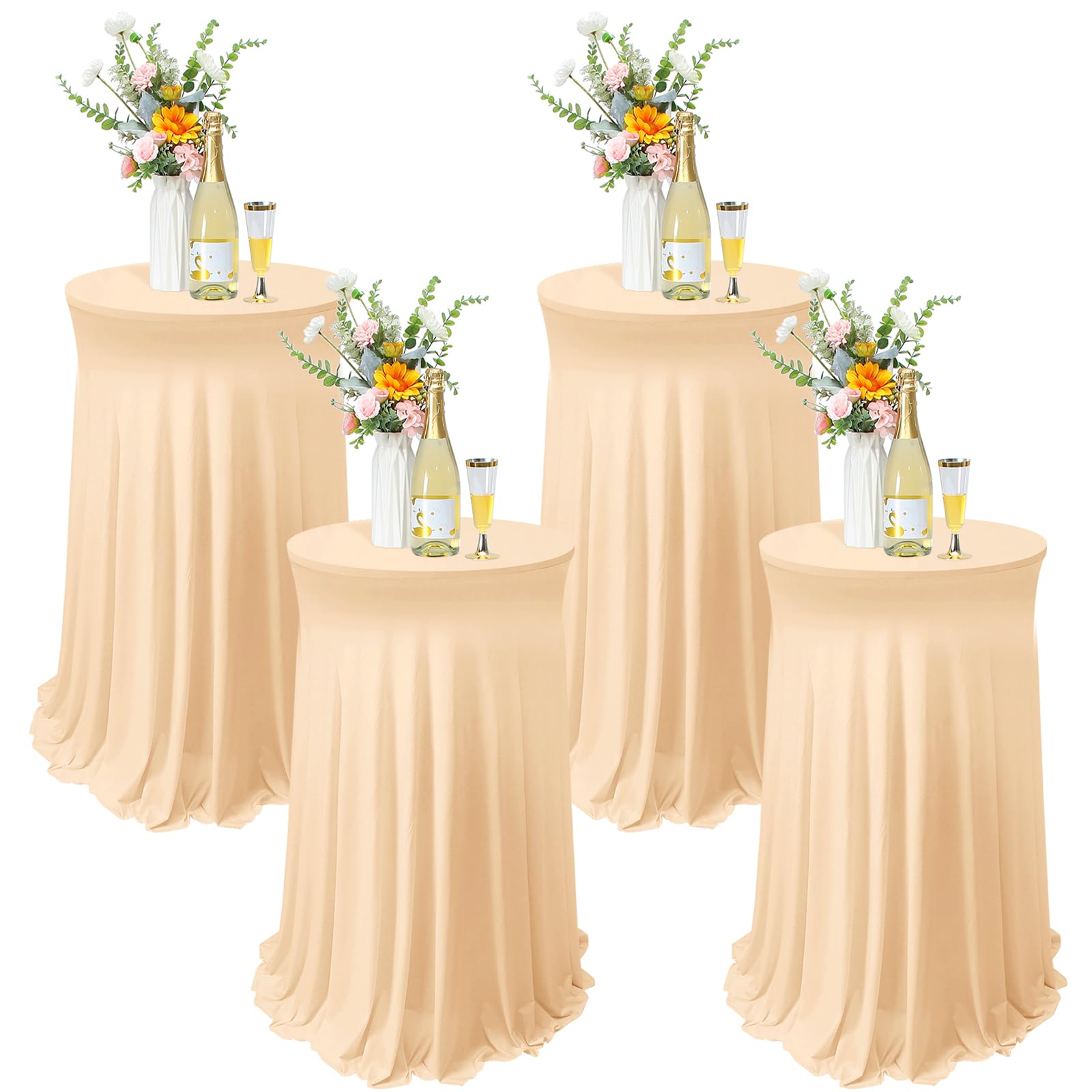Photo 1 of Tegeme 4 Packs Round Spandex Cocktail Tablecloths with Skirt 32 x 43 Inch Cocktail Round Table Cover Spandex Stretch Square Tablecloth Skirt for Table Bar Wedding Party Banquet (Champagne)