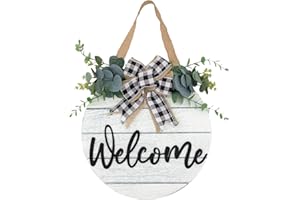 JOYSELLER 3D Welcome Wreaths for Front Door | White Horizontal Concave Stripes Wooden Farmhouse Welcome Sign for Home Wall Decor