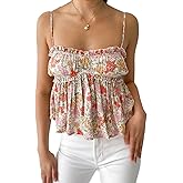 Women Floral Camisoles Tops Sexy Sleeveless Backless Spaghetti Strap Ruffle Hem Peplum Babydoll Tops